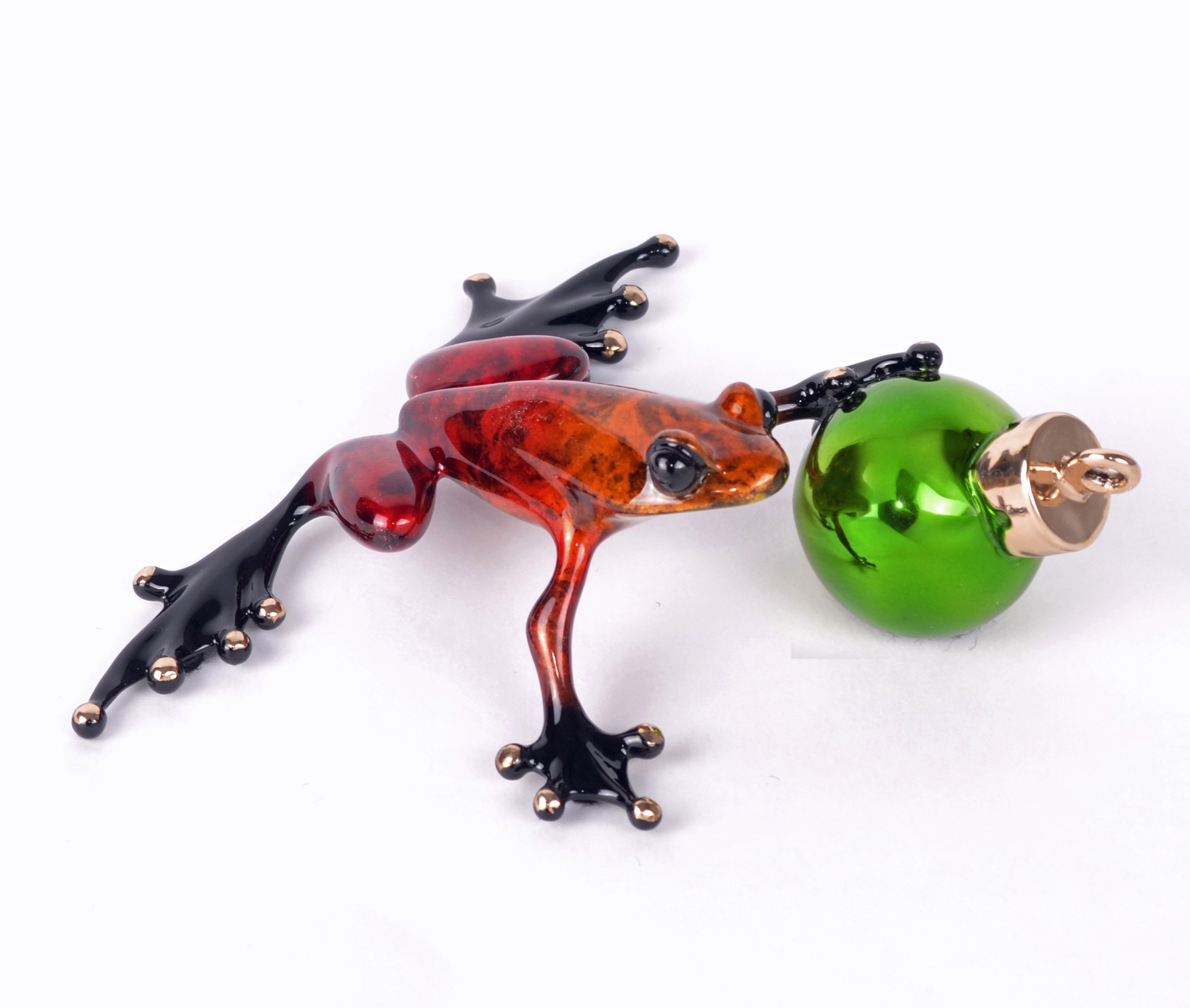 Signed, limited edition bronze frog with Xmas ornament sculpture by Tim Cotterill