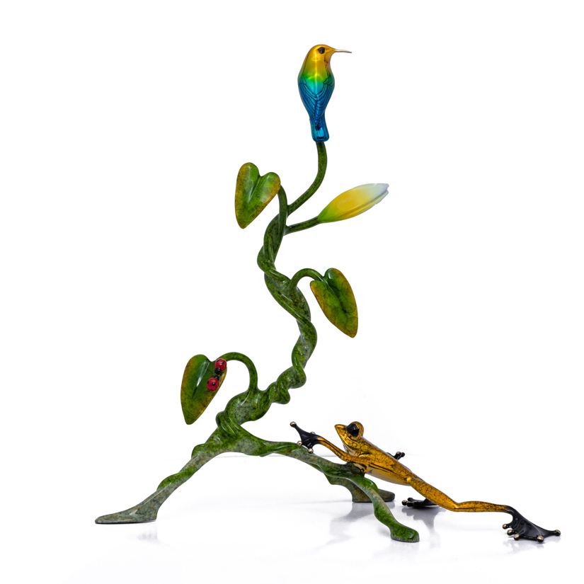 Signed, Limited edition frog and hummingbird sculpture by Tim Cotterill
